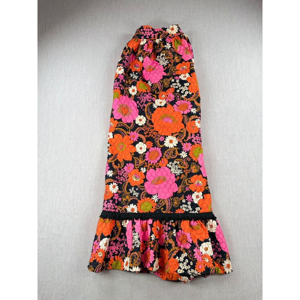 Vintage Quilted Floral Maxi Skirt Psychedelic Pink Orange Boho Ruffle Lace Trim